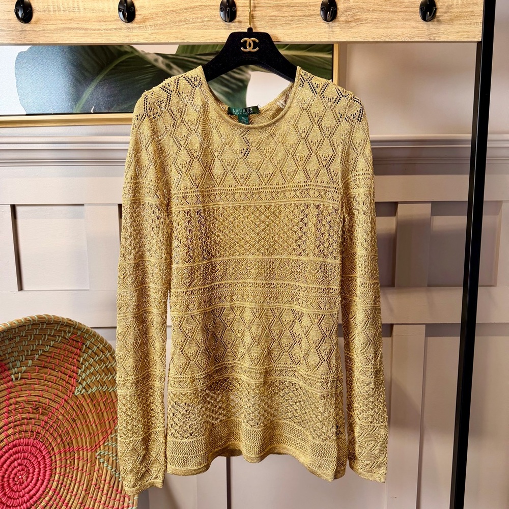 Ralph Lauren Sweater Womens Small Petite Gold Knit Long Sleeve Viscose Woven M